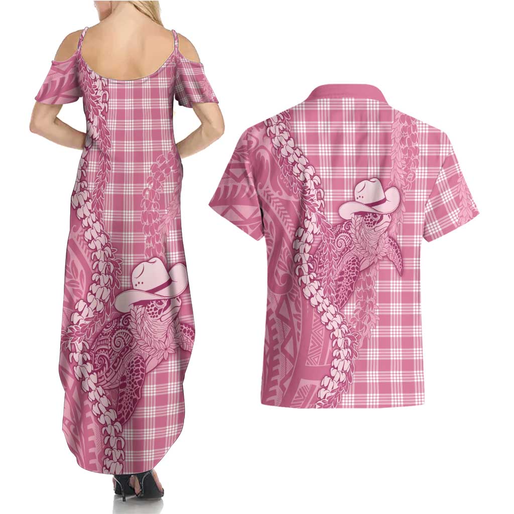 Pink Hawaii Palaka Cowboy Turtle Couples Matching Summer Maxi Dress and Hawaiian Shirt Hawaiian Paniolo Puakenikeni Maile Lei DT05 - Polynesian Pride