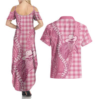 Pink Hawaii Palaka Cowboy Turtle Couples Matching Summer Maxi Dress and Hawaiian Shirt Hawaiian Paniolo Puakenikeni Maile Lei DT05 - Polynesian Pride
