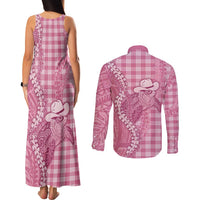 Pink Hawaii Palaka Cowboy Turtle Couples Matching Tank Maxi Dress and Long Sleeve Button Shirt Hawaiian Paniolo Puakenikeni Maile Lei DT05 - Polynesian Pride