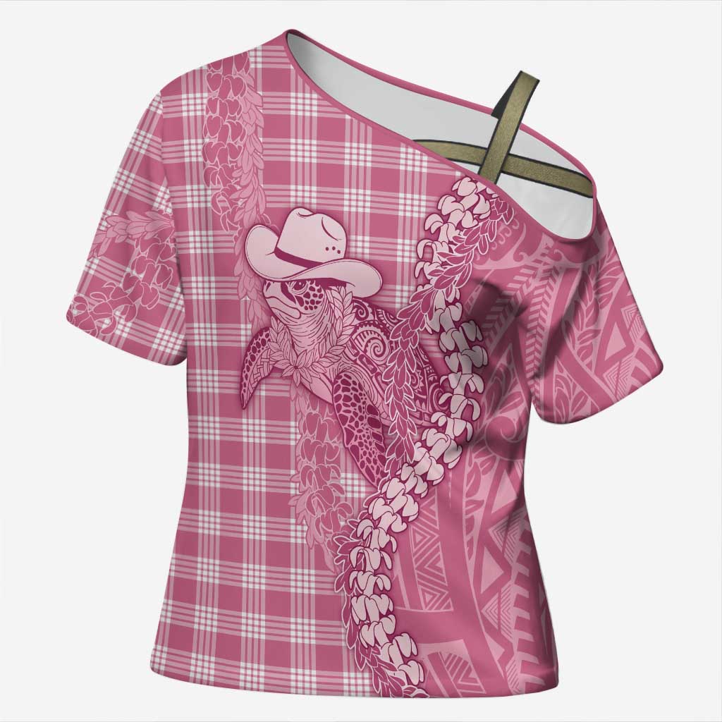 Pink Hawaii Palaka Cowboy Turtle Cross Shoulder Shirt Hawaiian Paniolo Puakenikeni Maile Lei - Polynesian Pride