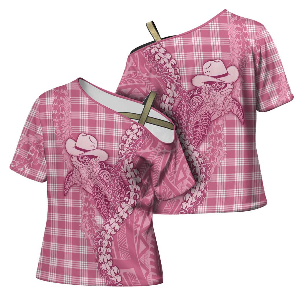 Pink Hawaii Palaka Cowboy Turtle Cross Shoulder Shirt Hawaiian Paniolo Puakenikeni Maile Lei - Polynesian Pride
