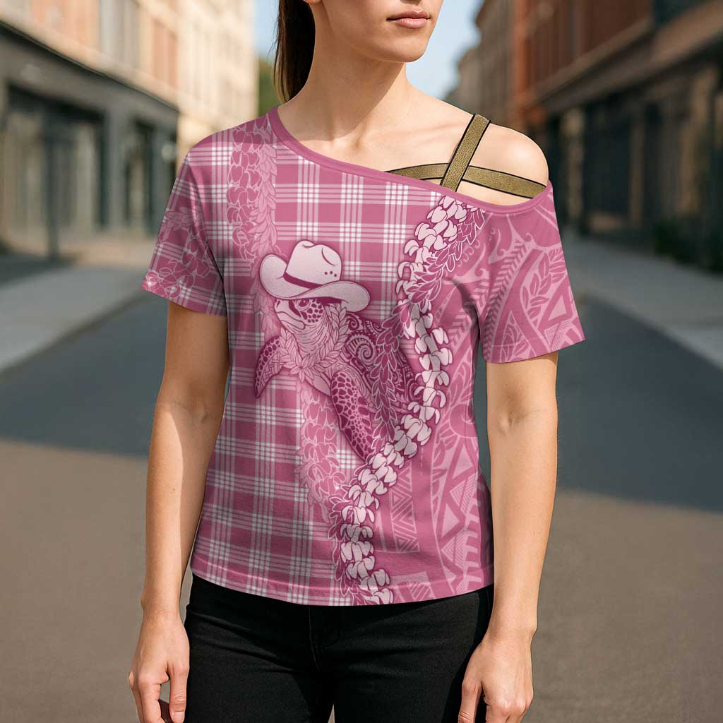 Pink Hawaii Palaka Cowboy Turtle Cross Shoulder Shirt Hawaiian Paniolo Puakenikeni Maile Lei - Polynesian Pride