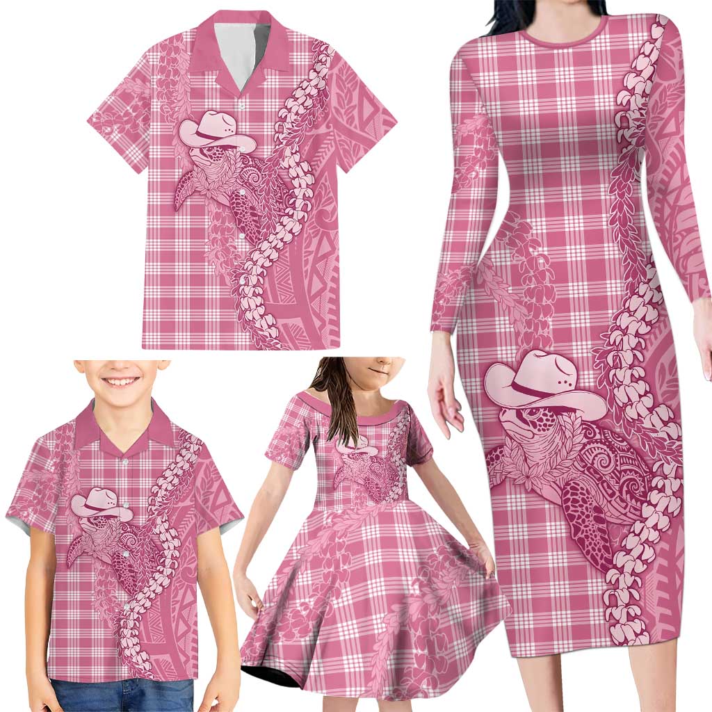 Pink Hawaii Palaka Cowboy Turtle Family Matching Long Sleeve Bodycon Dress and Hawaiian Shirt Hawaiian Paniolo Puakenikeni Maile Lei DT05 - Polynesian Pride