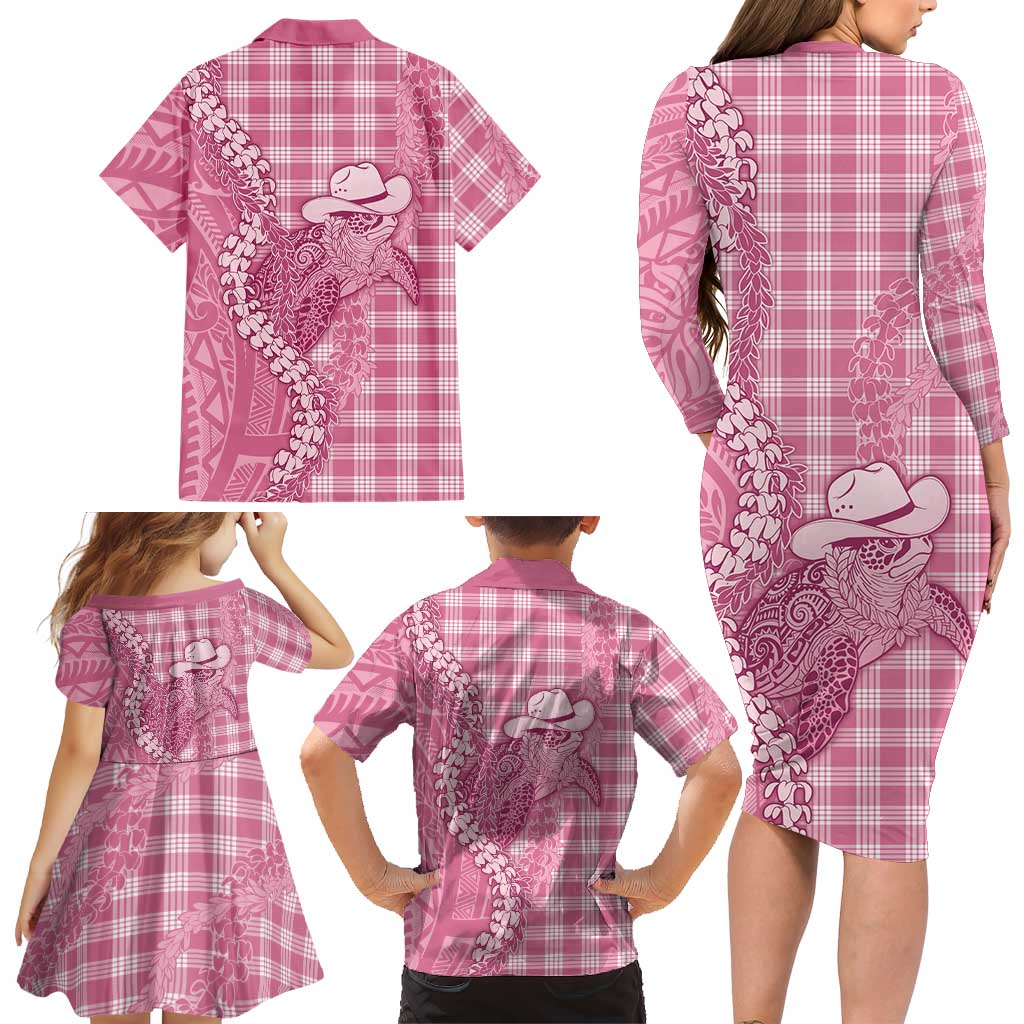 Pink Hawaii Palaka Cowboy Turtle Family Matching Long Sleeve Bodycon Dress and Hawaiian Shirt Hawaiian Paniolo Puakenikeni Maile Lei DT05 - Polynesian Pride