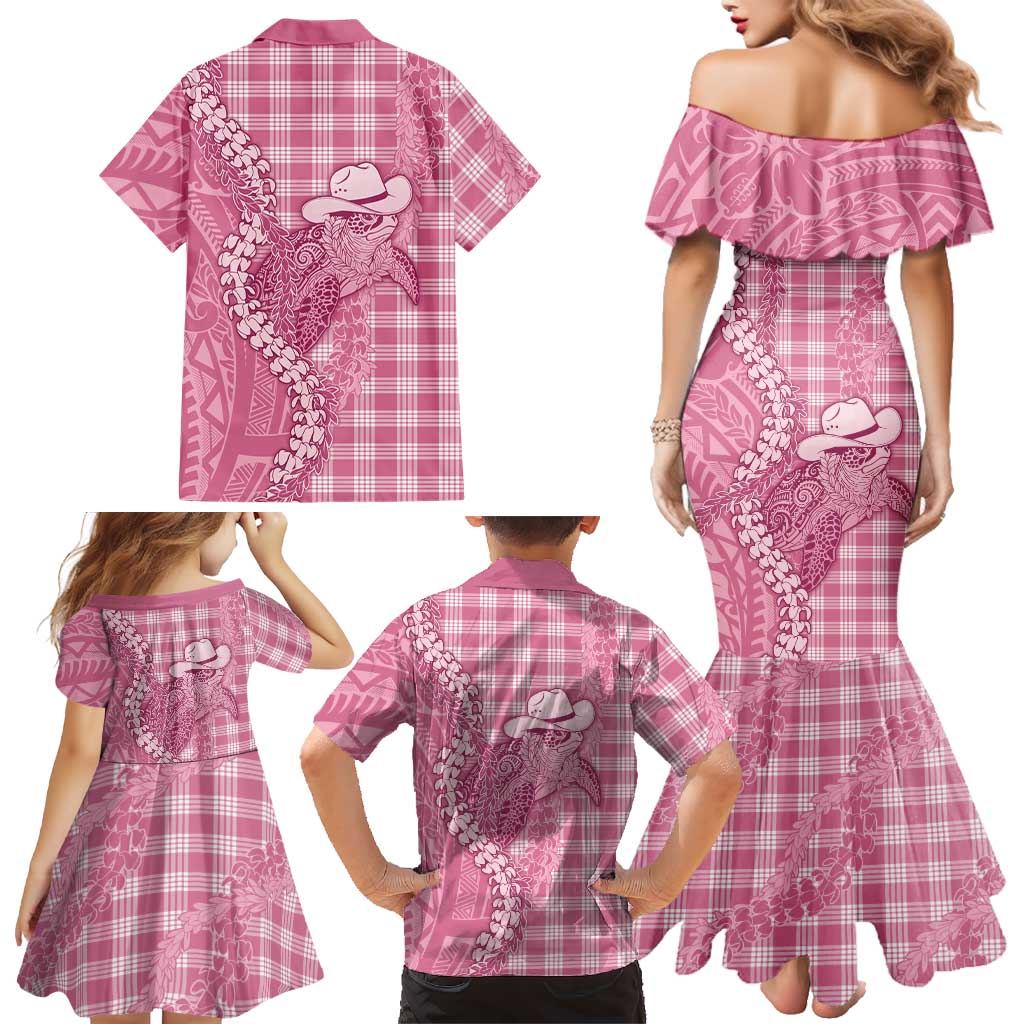 Pink Hawaii Palaka Cowboy Turtle Family Matching Mermaid Dress and Hawaiian Shirt Hawaiian Paniolo Puakenikeni Maile Lei DT05 - Polynesian Pride