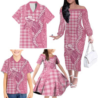 Pink Hawaii Palaka Cowboy Turtle Family Matching Off The Shoulder Long Sleeve Dress and Hawaiian Shirt Hawaiian Paniolo Puakenikeni Maile Lei DT05 - Polynesian Pride