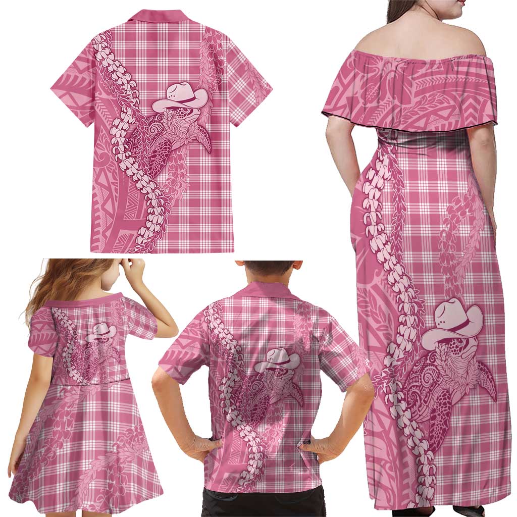 Pink Hawaii Palaka Cowboy Turtle Family Matching Off Shoulder Maxi Dress and Hawaiian Shirt Hawaiian Paniolo Puakenikeni Maile Lei DT05 - Polynesian Pride