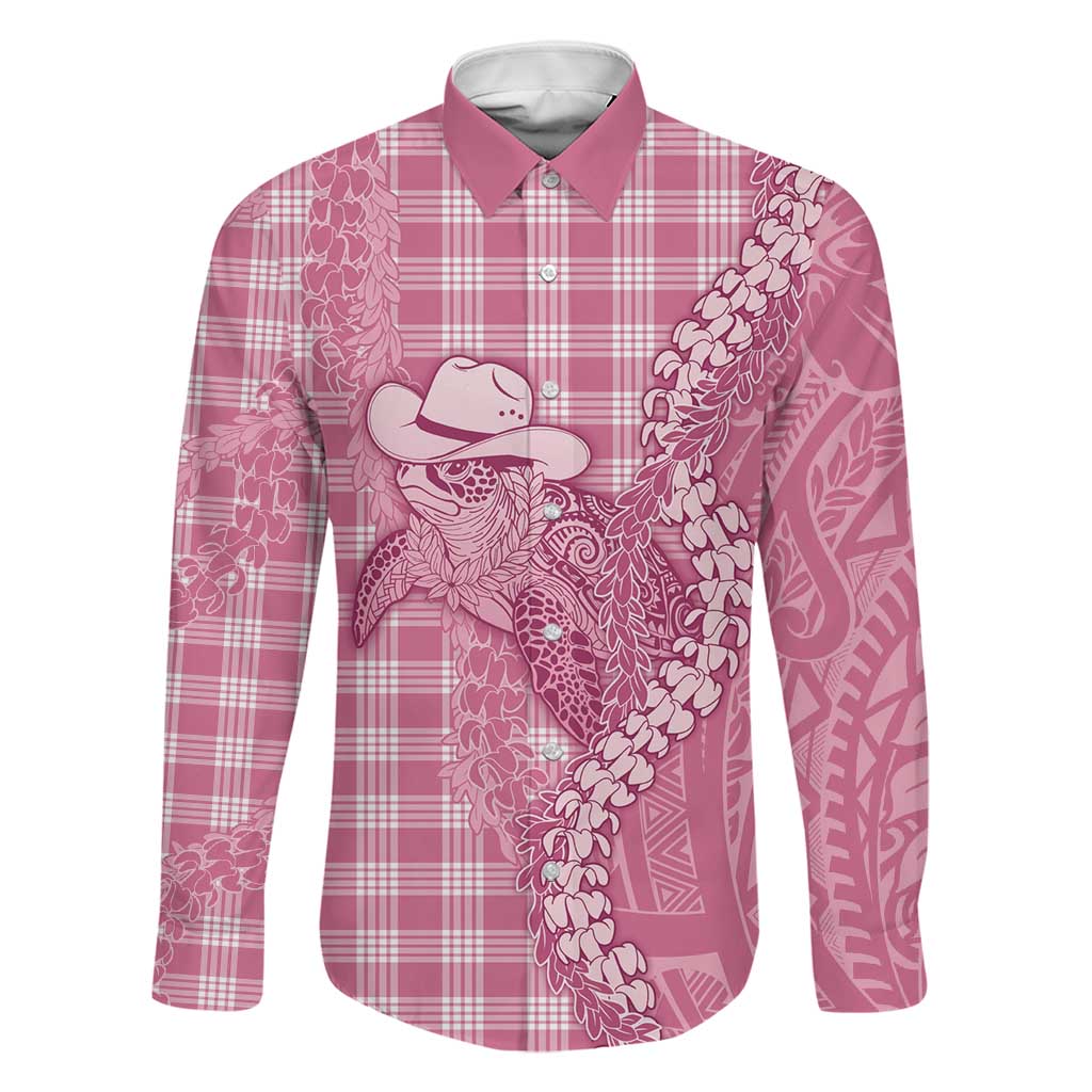 Pink Hawaii Palaka Cowboy Turtle Family Matching Off Shoulder Maxi Dress and Hawaiian Shirt Hawaiian Paniolo Puakenikeni Maile Lei DT05 Dad's Shirt - Long Sleeve Pink - Polynesian Pride