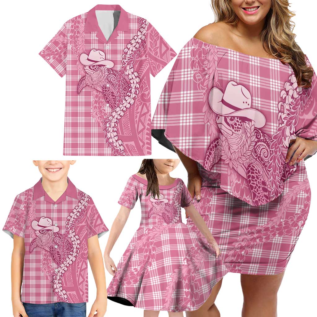 Pink Hawaii Palaka Cowboy Turtle Family Matching Off Shoulder Short Dress and Hawaiian Shirt Hawaiian Paniolo Puakenikeni Maile Lei DT05 - Polynesian Pride