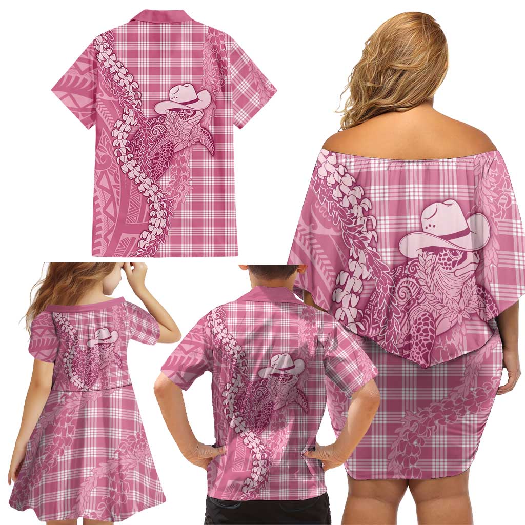 Pink Hawaii Palaka Cowboy Turtle Family Matching Off Shoulder Short Dress and Hawaiian Shirt Hawaiian Paniolo Puakenikeni Maile Lei DT05 - Polynesian Pride