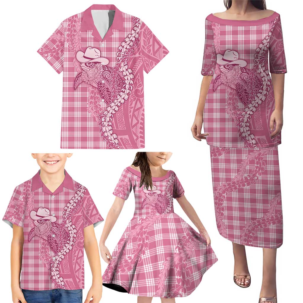 Pink Hawaii Palaka Cowboy Turtle Family Matching Puletasi and Hawaiian Shirt Hawaiian Paniolo Puakenikeni Maile Lei DT05 - Polynesian Pride