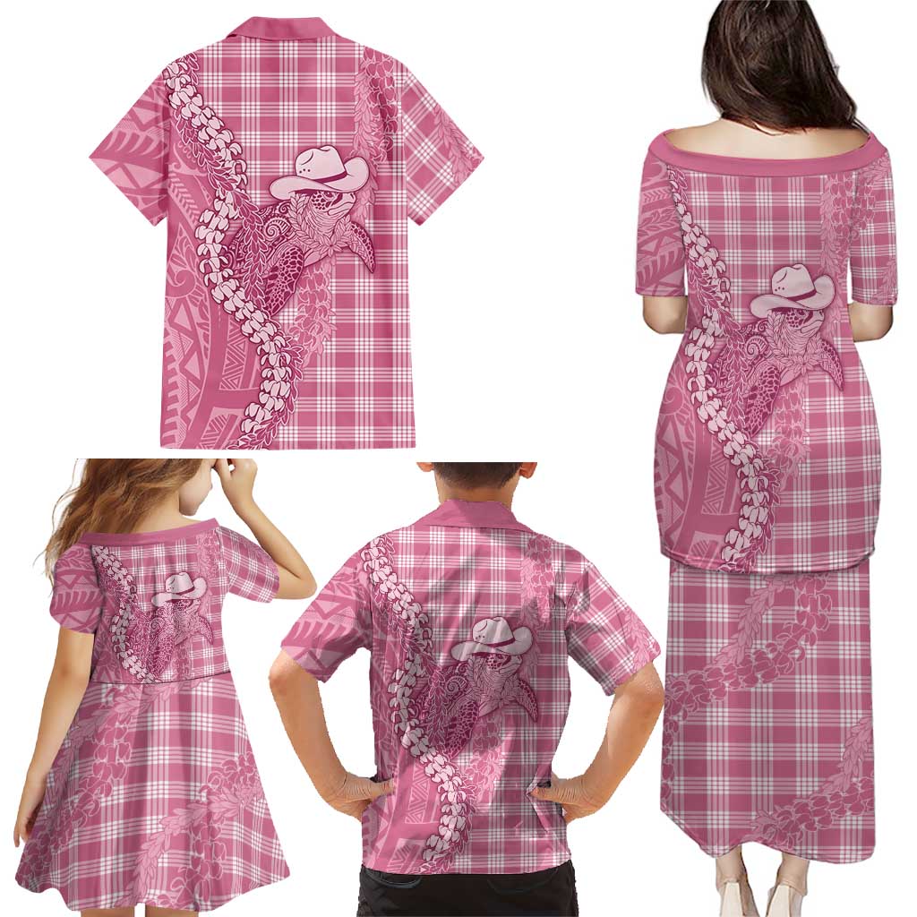 Pink Hawaii Palaka Cowboy Turtle Family Matching Puletasi and Hawaiian Shirt Hawaiian Paniolo Puakenikeni Maile Lei DT05 - Polynesian Pride