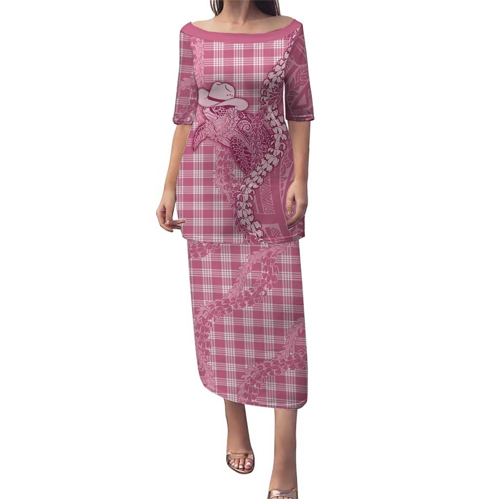 Pink Hawaii Palaka Cowboy Turtle Family Matching Puletasi and Hawaiian Shirt Hawaiian Paniolo Puakenikeni Maile Lei DT05 Mom's Dress Pink - Polynesian Pride