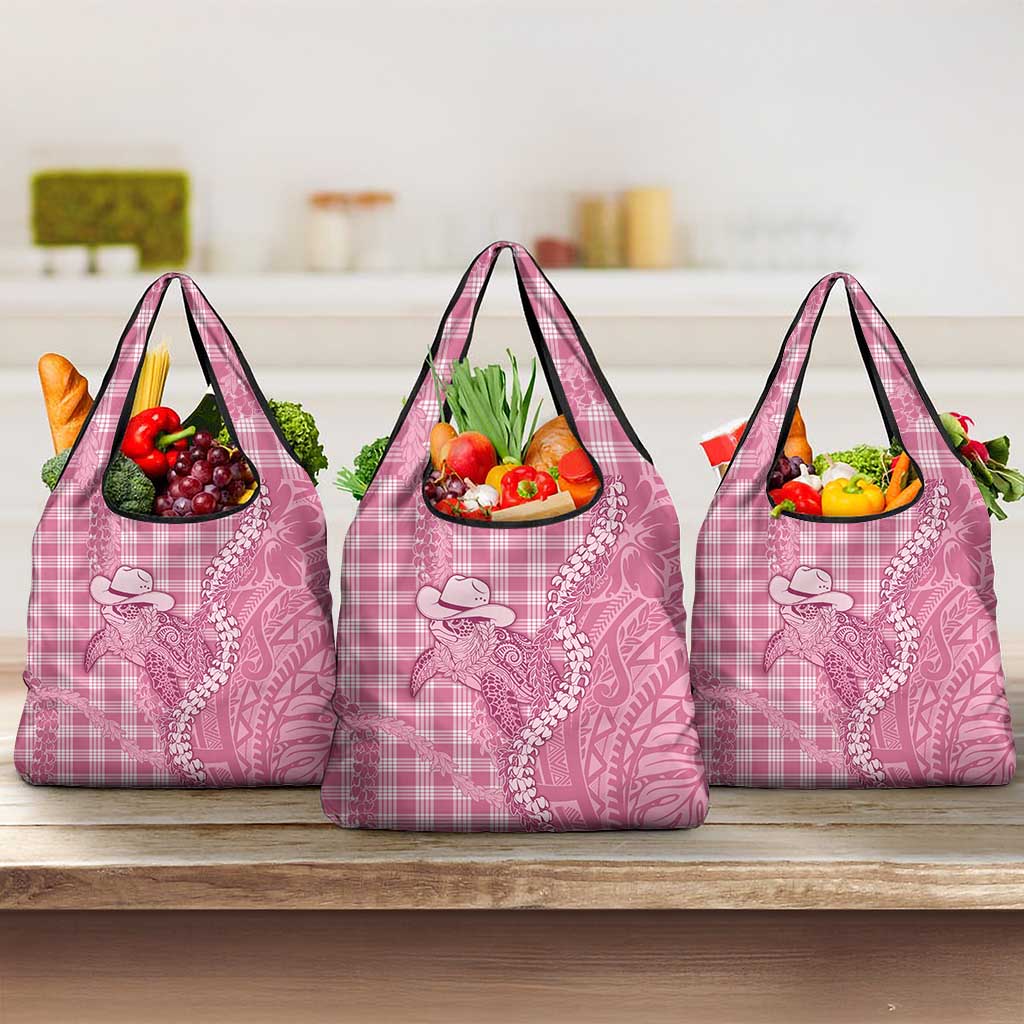 Pink Hawaii Palaka Cowboy Turtle Grocery Bag Hawaiian Paniolo Puakenikeni Maile Lei - Polynesian Pride