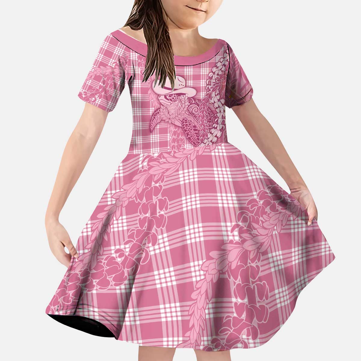 Pink Hawaii Palaka Cowboy Turtle Kid Short Sleeve Dress Hawaiian Paniolo Puakenikeni Maile Lei - Polynesian Pride