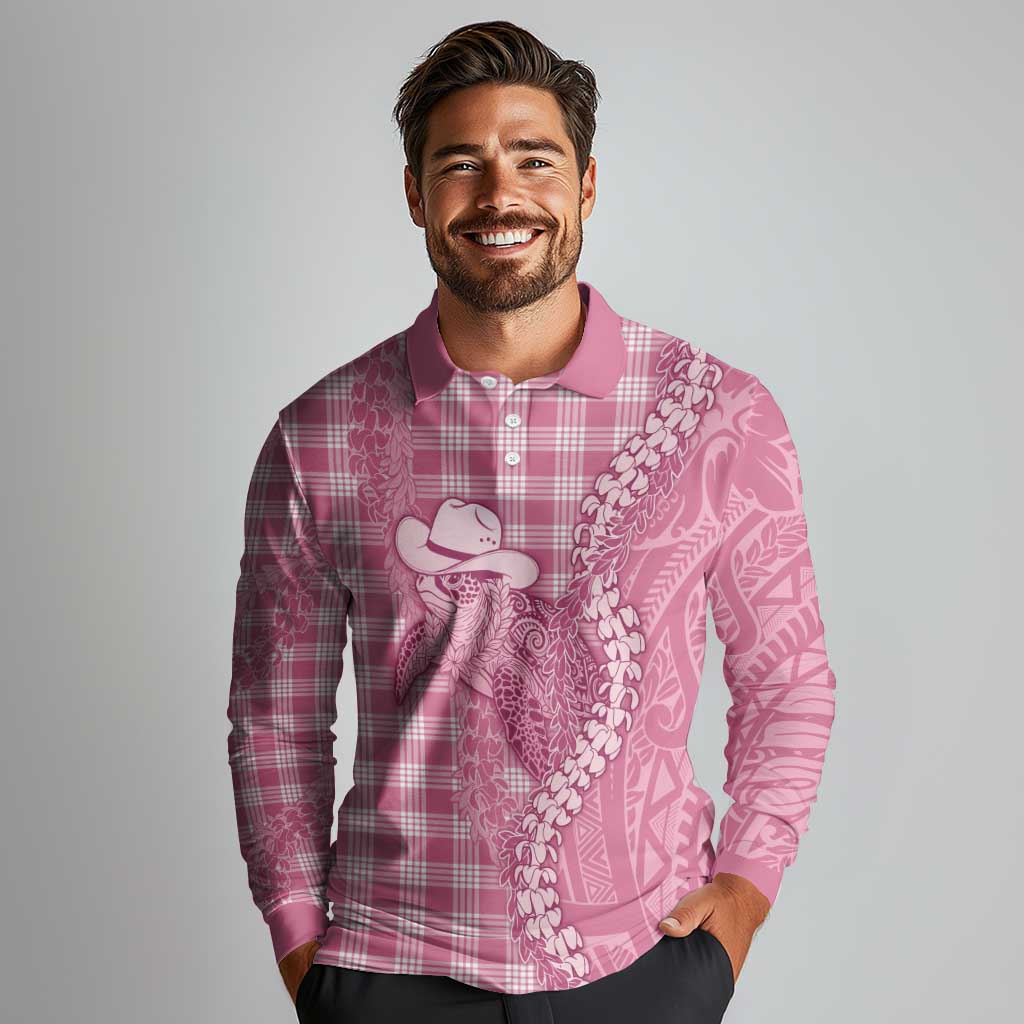 Pink Hawaii Palaka Cowboy Turtle Long Sleeve Polo Shirt Hawaiian Paniolo Puakenikeni Maile Lei DT05 - Polynesian Pride