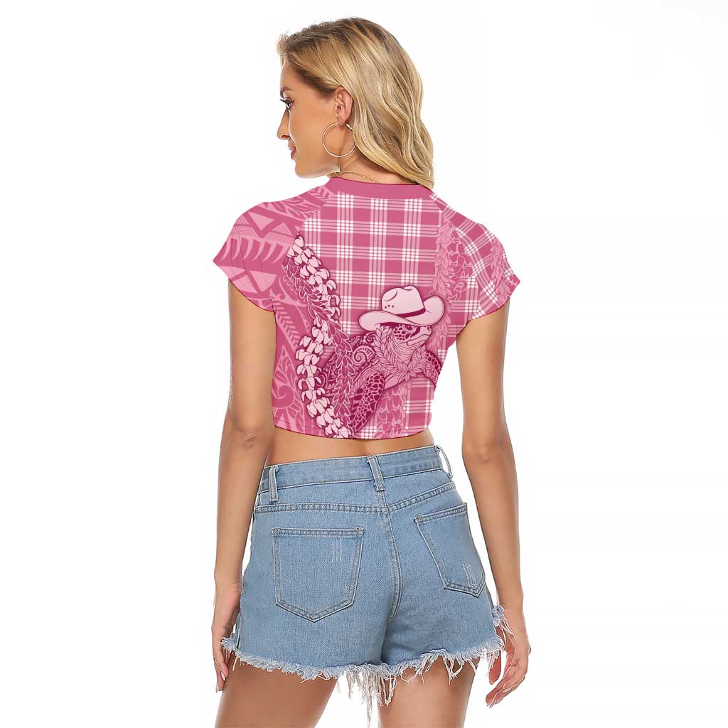 Pink Hawaii Palaka Cowboy Turtle Raglan Cropped T Shirt Hawaiian Paniolo Puakenikeni Maile Lei - Polynesian Pride