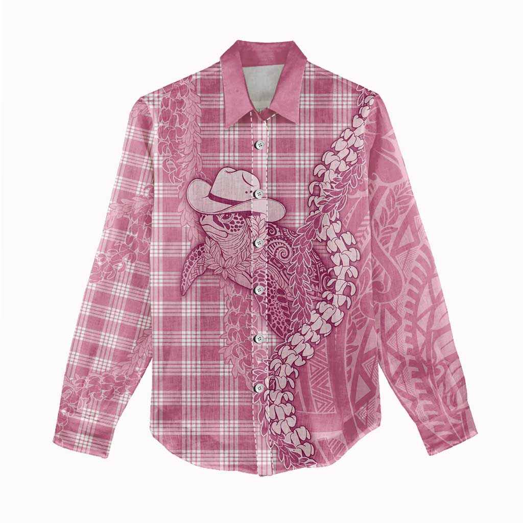Pink Hawaii Palaka Cowboy Turtle Women Casual Shirt Hawaiian Paniolo Puakenikeni Maile Lei DT05 - Polynesian Pride