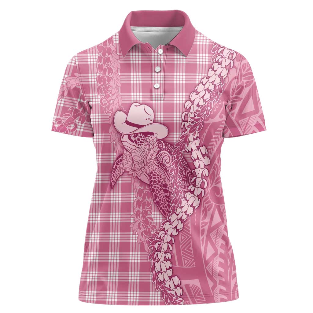 Pink Hawaii Palaka Cowboy Turtle Women Polo Shirt Hawaiian Paniolo Puakenikeni Maile Lei - Polynesian Pride