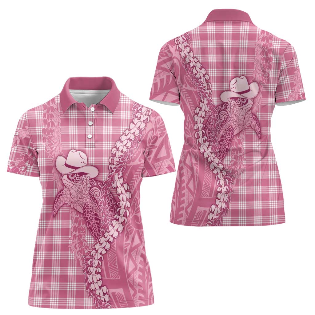 Pink Hawaii Palaka Cowboy Turtle Women Polo Shirt Hawaiian Paniolo Puakenikeni Maile Lei DT05 - Polynesian Pride