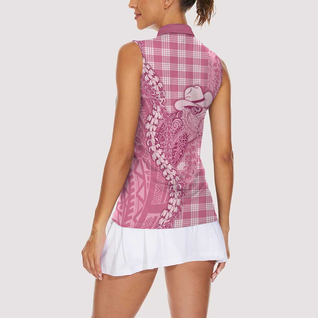 Pink Hawaii Palaka Cowboy Turtle Women Sleeveless Polo Shirt Hawaiian Paniolo Puakenikeni Maile Lei DT05 - Polynesian Pride