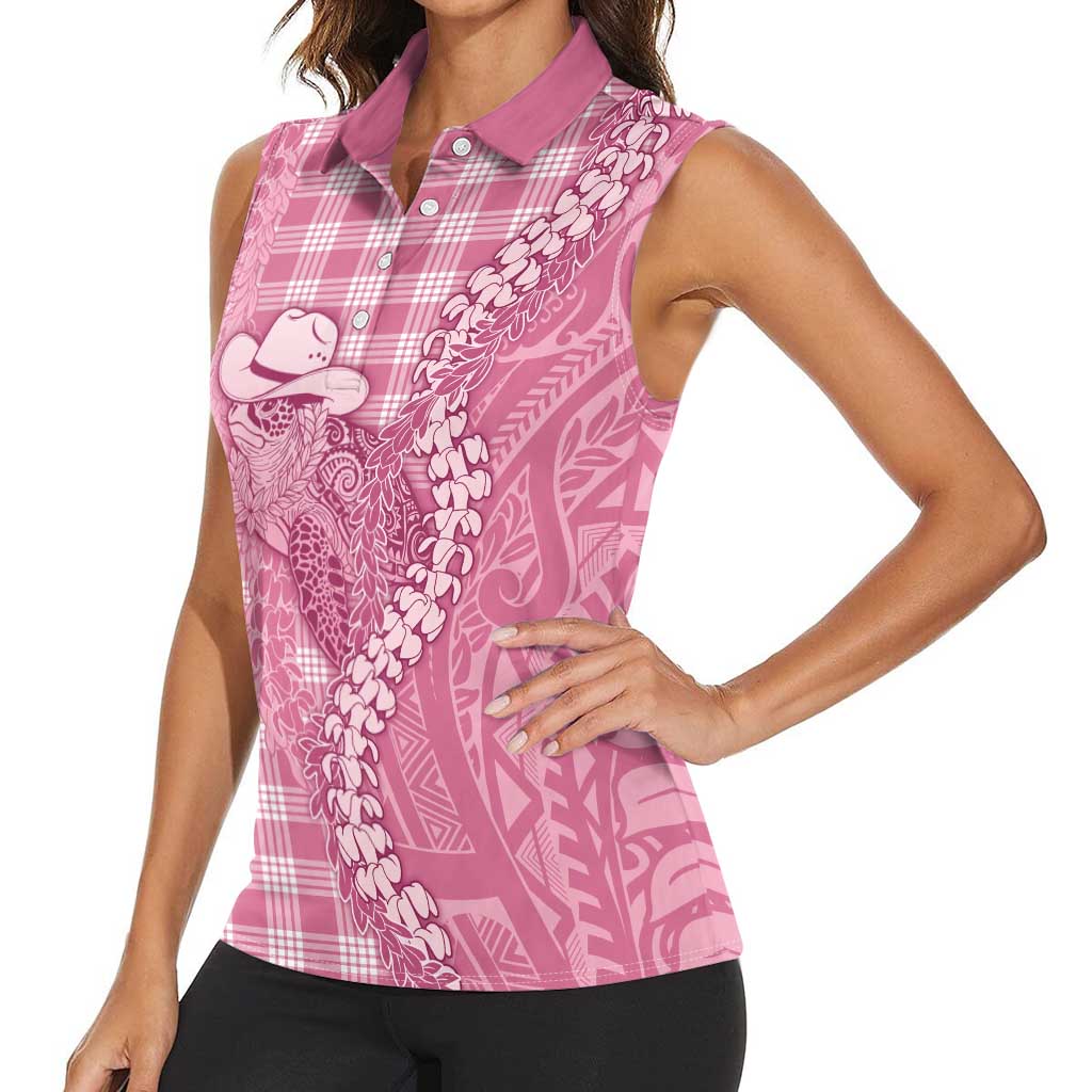 Pink Hawaii Palaka Cowboy Turtle Women Sleeveless Polo Shirt Hawaiian Paniolo Puakenikeni Maile Lei DT05 - Polynesian Pride