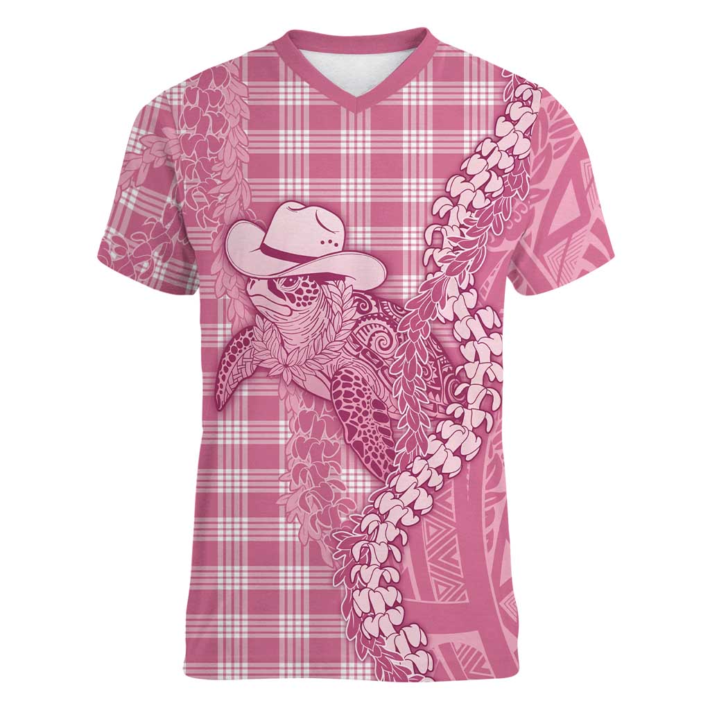 Pink Hawaii Palaka Cowboy Turtle Women V-Neck T-Shirt Hawaiian Paniolo Puakenikeni Maile Lei - Polynesian Pride