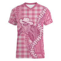 Pink Hawaii Palaka Cowboy Turtle Women V-Neck T-Shirt Hawaiian Paniolo Puakenikeni Maile Lei DT05 Female Pink - Polynesian Pride