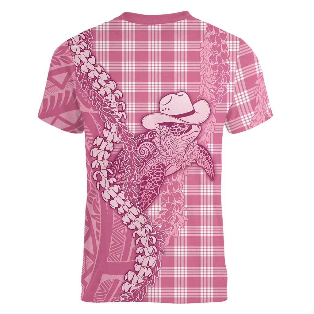 Pink Hawaii Palaka Cowboy Turtle Women V-Neck T-Shirt Hawaiian Paniolo Puakenikeni Maile Lei DT05 - Polynesian Pride