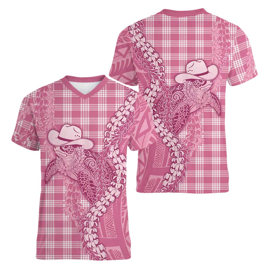 Pink Hawaii Palaka Cowboy Turtle Women V-Neck T-Shirt Hawaiian Paniolo Puakenikeni Maile Lei DT05 - Polynesian Pride
