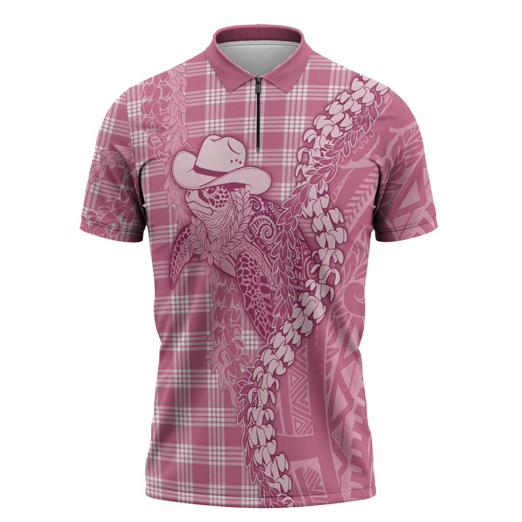 Pink Hawaii Palaka Cowboy Turtle Zipper Polo Shirt Hawaiian Paniolo Puakenikeni Maile Lei DT05 Pink - Polynesian Pride