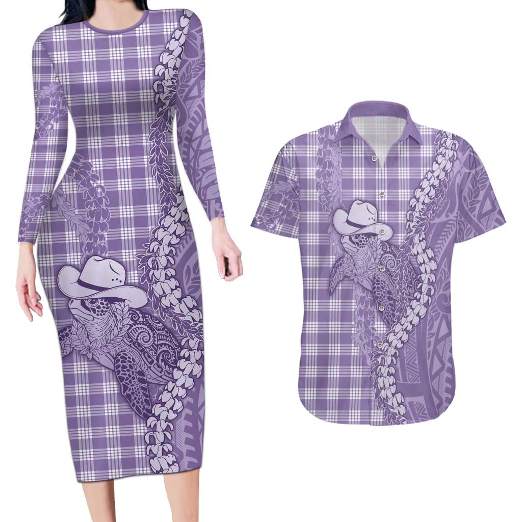 Purple Hawaii Palaka Cowboy Turtle Couples Matching Long Sleeve Bodycon Dress and Hawaiian Shirt Hawaiian Paniolo Puakenikeni Maile Lei DT05 Purple - Polynesian Pride