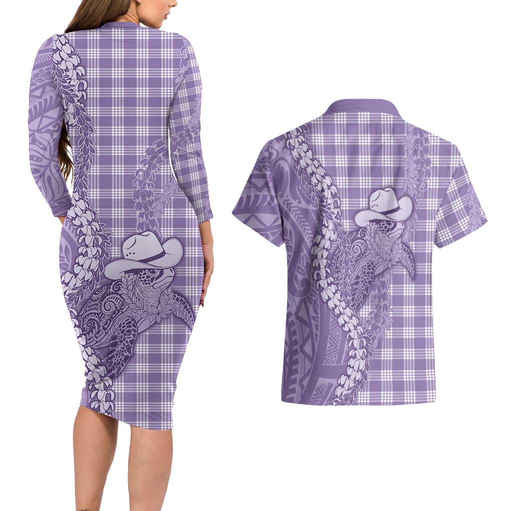 Purple Hawaii Palaka Cowboy Turtle Couples Matching Long Sleeve Bodycon Dress and Hawaiian Shirt Hawaiian Paniolo Puakenikeni Maile Lei DT05 - Polynesian Pride