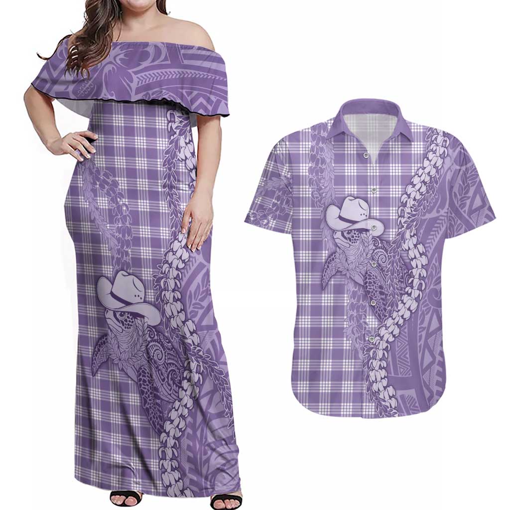 Purple Hawaii Palaka Cowboy Turtle Couples Matching Off Shoulder Maxi Dress and Hawaiian Shirt Hawaiian Paniolo Puakenikeni Maile Lei DT05 Purple - Polynesian Pride