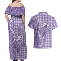 Purple Hawaii Palaka Cowboy Turtle Couples Matching Off Shoulder Maxi Dress and Hawaiian Shirt Hawaiian Paniolo Puakenikeni Maile Lei DT05 - Polynesian Pride