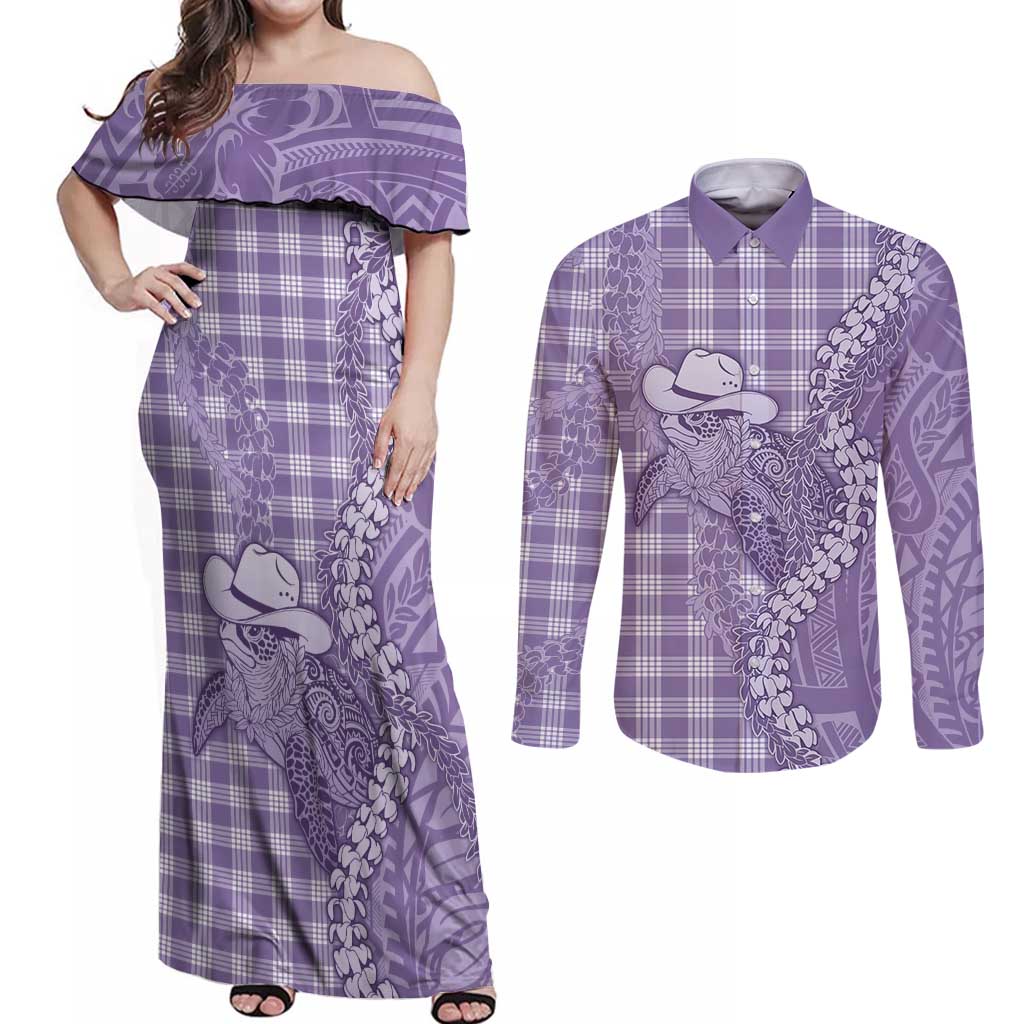 Purple Hawaii Palaka Cowboy Turtle Couples Matching Off Shoulder Maxi Dress and Long Sleeve Button Shirt Hawaiian Paniolo Puakenikeni Maile Lei DT05 Purple - Polynesian Pride