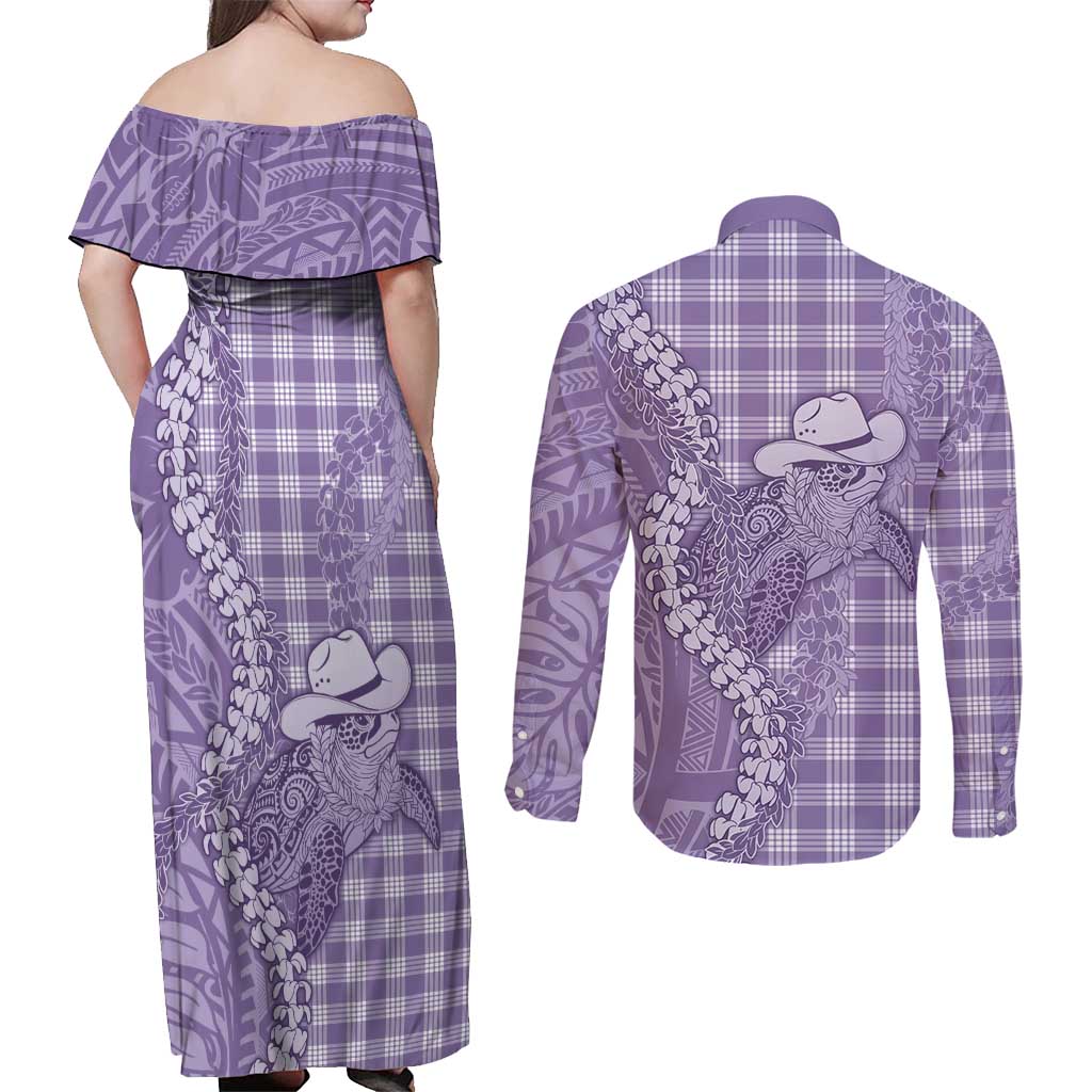 Purple Hawaii Palaka Cowboy Turtle Couples Matching Off Shoulder Maxi Dress and Long Sleeve Button Shirt Hawaiian Paniolo Puakenikeni Maile Lei DT05 - Polynesian Pride