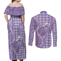 Purple Hawaii Palaka Cowboy Turtle Couples Matching Off Shoulder Maxi Dress and Long Sleeve Button Shirt Hawaiian Paniolo Puakenikeni Maile Lei DT05 - Polynesian Pride