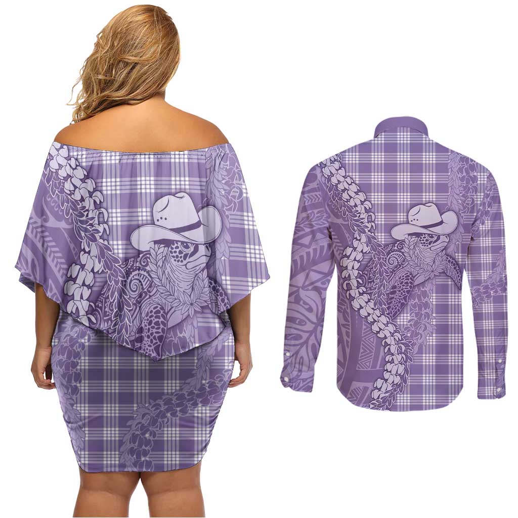 Purple Hawaii Palaka Cowboy Turtle Couples Matching Off Shoulder Short Dress and Long Sleeve Button Shirt Hawaiian Paniolo Puakenikeni Maile Lei DT05 - Polynesian Pride