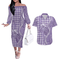 Purple Hawaii Palaka Cowboy Turtle Couples Matching Off The Shoulder Long Sleeve Dress and Hawaiian Shirt Hawaiian Paniolo Puakenikeni Maile Lei DT05 Purple - Polynesian Pride