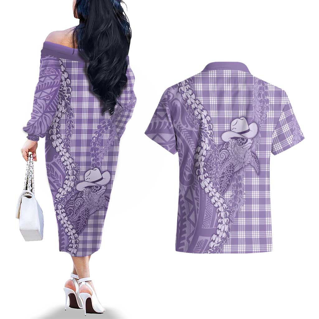 Purple Hawaii Palaka Cowboy Turtle Couples Matching Off The Shoulder Long Sleeve Dress and Hawaiian Shirt Hawaiian Paniolo Puakenikeni Maile Lei DT05 - Polynesian Pride