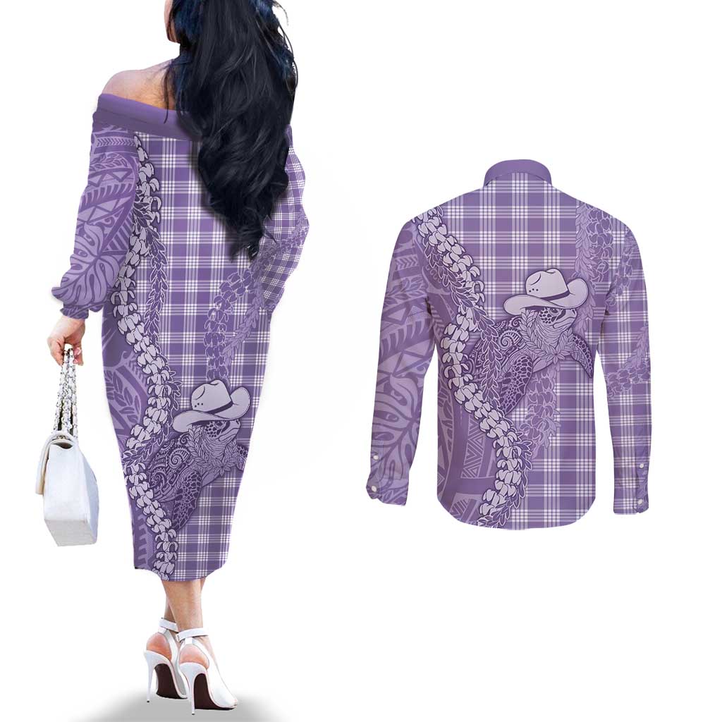 Purple Hawaii Palaka Cowboy Turtle Couples Matching Off The Shoulder Long Sleeve Dress and Long Sleeve Button Shirt Hawaiian Paniolo Puakenikeni Maile Lei DT05 - Polynesian Pride