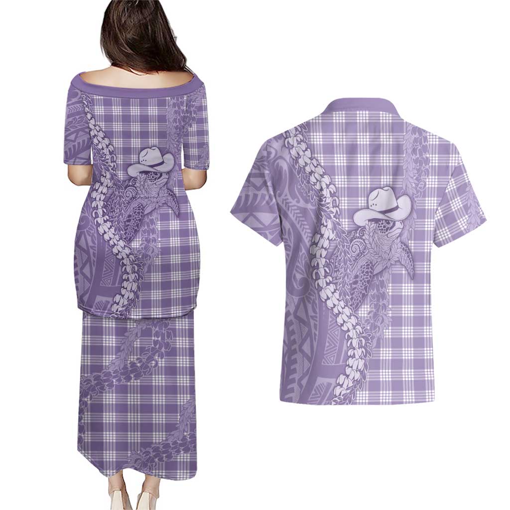 Purple Hawaii Palaka Cowboy Turtle Couples Matching Puletasi and Hawaiian Shirt Hawaiian Paniolo Puakenikeni Maile Lei DT05 - Polynesian Pride