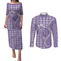 Purple Hawaii Palaka Cowboy Turtle Couples Matching Puletasi and Long Sleeve Button Shirt Hawaiian Paniolo Puakenikeni Maile Lei DT05 Purple - Polynesian Pride