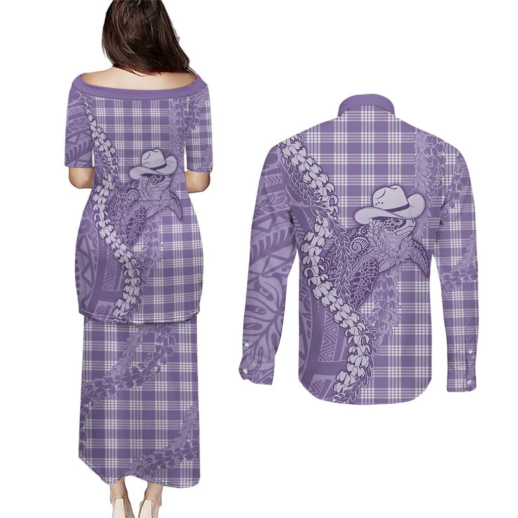 Purple Hawaii Palaka Cowboy Turtle Couples Matching Puletasi and Long Sleeve Button Shirt Hawaiian Paniolo Puakenikeni Maile Lei DT05 - Polynesian Pride