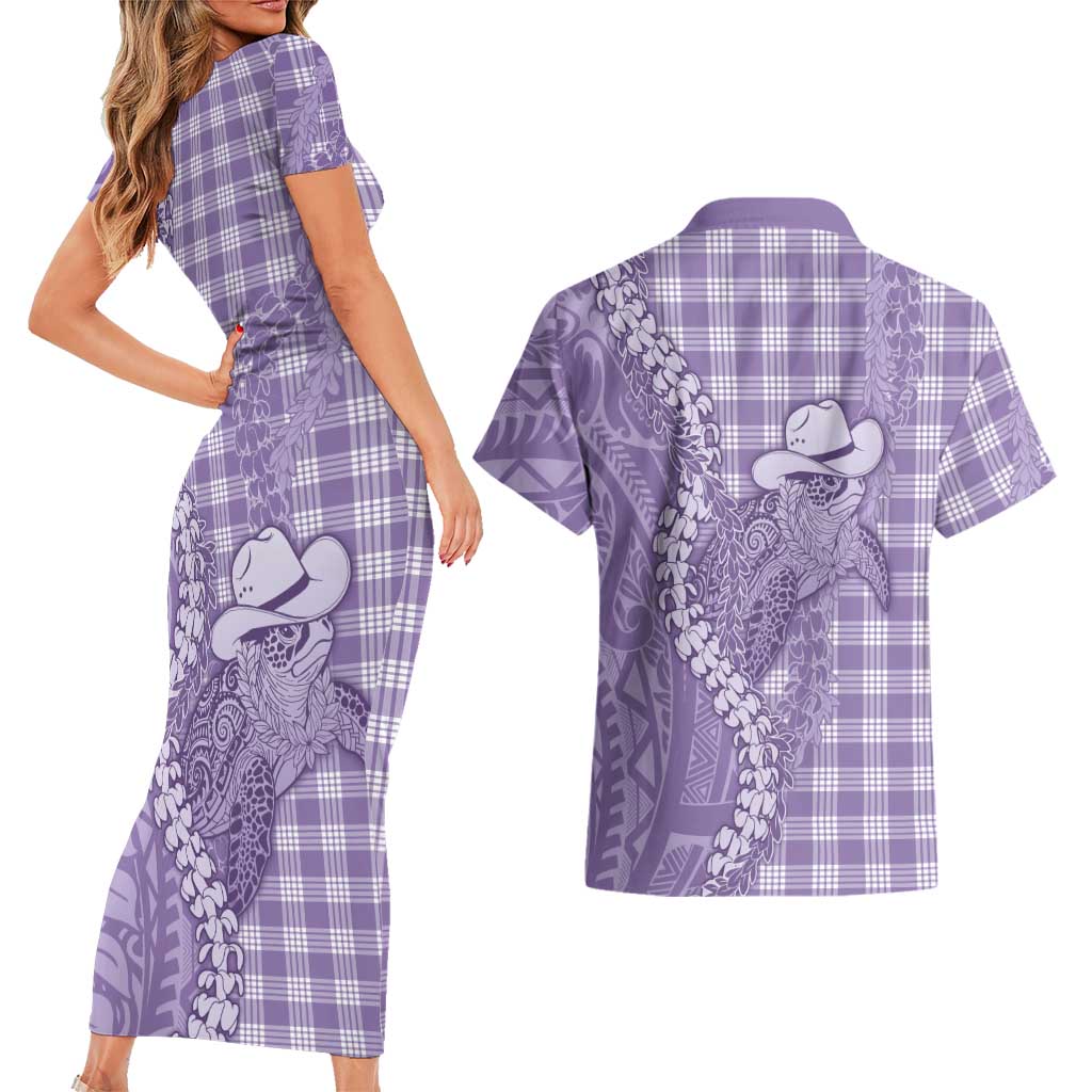Purple Hawaii Palaka Cowboy Turtle Couples Matching Short Sleeve Bodycon Dress and Hawaiian Shirt Hawaiian Paniolo Puakenikeni Maile Lei DT05 - Polynesian Pride