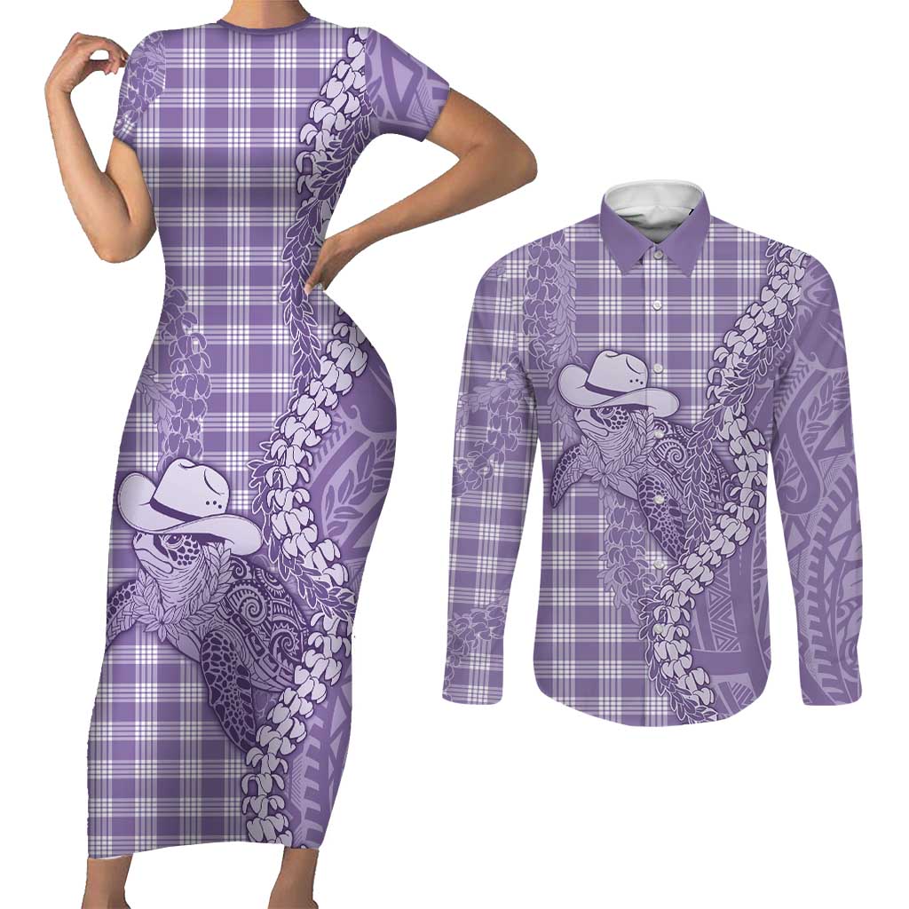 Purple Hawaii Palaka Cowboy Turtle Couples Matching Short Sleeve Bodycon Dress and Long Sleeve Button Shirt Hawaiian Paniolo Puakenikeni Maile Lei - Polynesian Pride