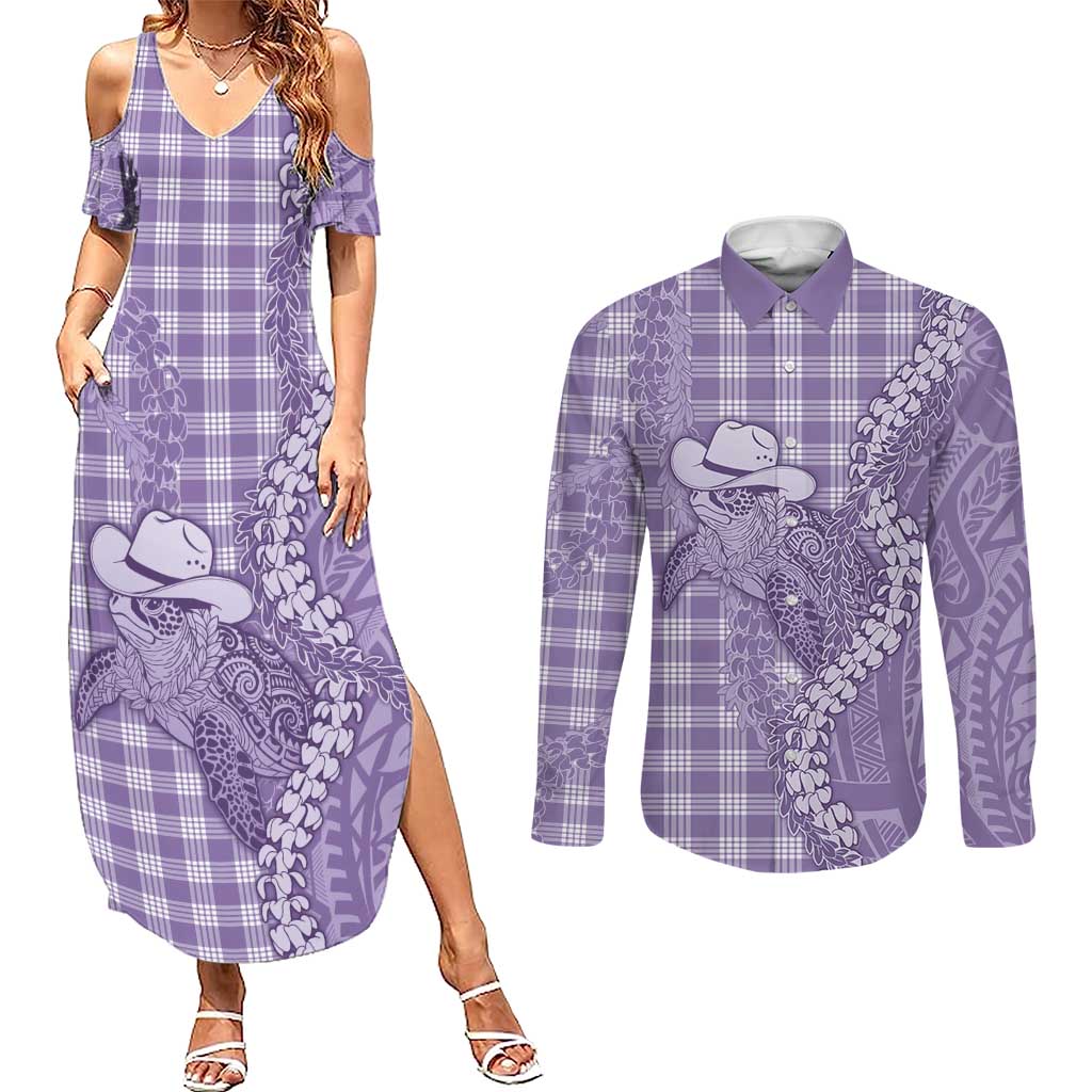 Purple Hawaii Palaka Cowboy Turtle Couples Matching Summer Maxi Dress and Long Sleeve Button Shirt Hawaiian Paniolo Puakenikeni Maile Lei - Polynesian Pride