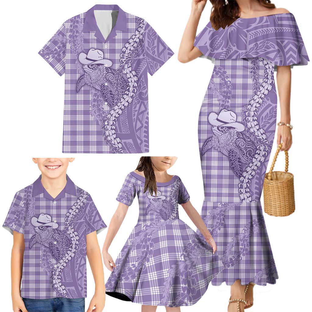 Purple Hawaii Palaka Cowboy Turtle Family Matching Mermaid Dress and Hawaiian Shirt Hawaiian Paniolo Puakenikeni Maile Lei DT05 - Polynesian Pride