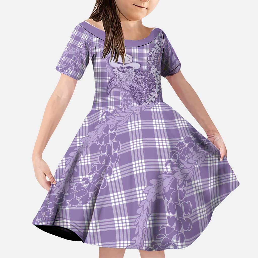 Purple Hawaii Palaka Cowboy Turtle Family Matching Off The Shoulder Long Sleeve Dress and Hawaiian Shirt Hawaiian Paniolo Puakenikeni Maile Lei DT05 Daughter's Dress Purple - Polynesian Pride